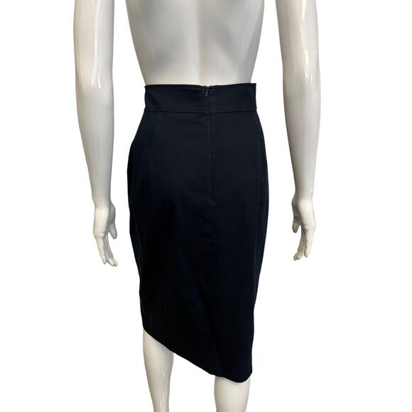 KAREN MILLEN Blue Cotton Belt Accent Front Button Knee Length Pencil Skirt 8 - Picture 2 of 4